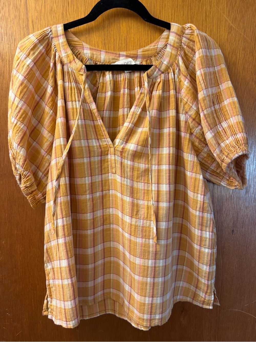 LOFT Yellow Plaid Peasant Blouse